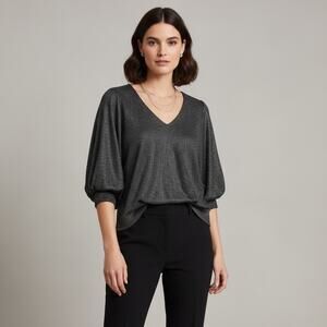 Maurices Metallic Black V-Neck Blouse | Size Small | Shimmer Balloon Sleeve Top